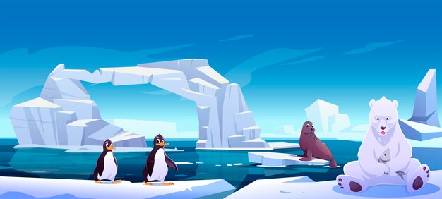 Wild animals sitting on ice floes in sea, white bear holding fish, penguins and seal. Antarctica or North Pole inhabitants in outdoor area, ocean. Beasts in nature fauna, Cartoon illustration