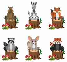 Free vector wild animals sitting on tree stump