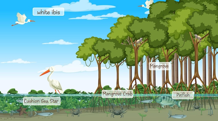 Free Vector wild animals with label name in the mangrove forest scene