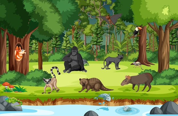 Дикие животные с ручьем, текущим через лесную сцену