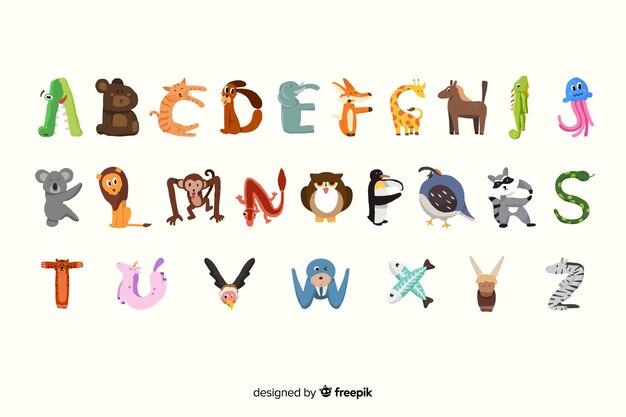 평면 디자인에 야생 귀여운 동물 알파벳