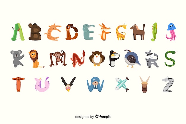 Wild cute animal alphabet in flat design