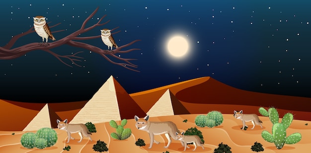 Vettore gratuito paesaggio selvaggio del deserto alla scena notturna