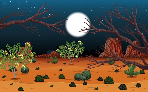 Wild desert landscape at night scene