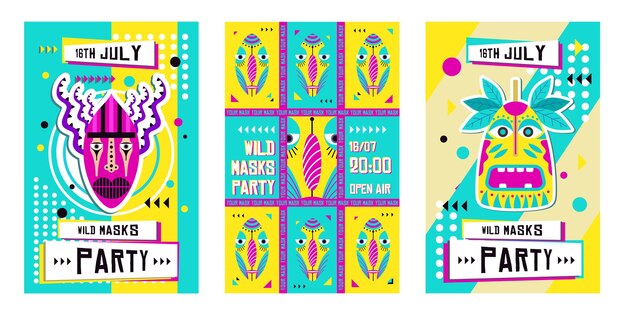 Wild mask party invitation cards design set. Traditional bright tribal masks in boho style vector illustration. Text, time and date samples