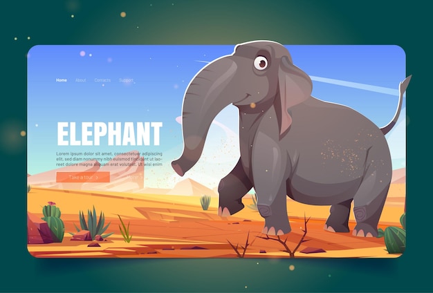 Wild nature banner with happy elephant walking in savannah.\
vector landing page with cartoon illustration of sand desert with\
cactuses, stones and cute big african animal