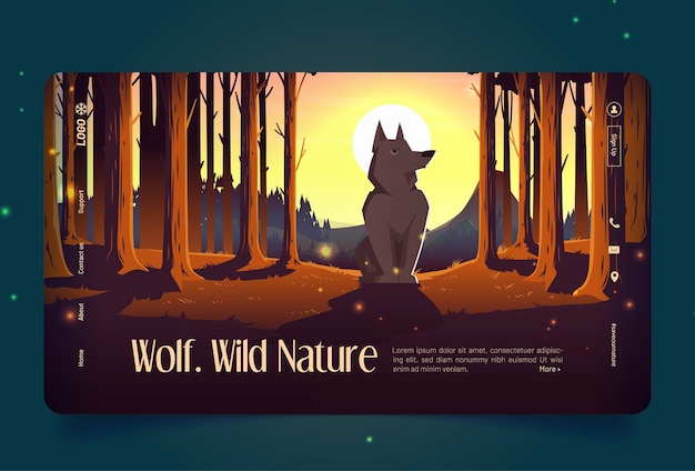 Знамя дикой природы с волком, сидящим в лесу на закате. Векторная целевая страница с карикатурой лесного пейзажа с соснами, горами на горизонте, дикими животными и солнцем в небе вечером