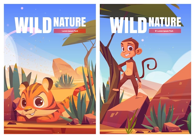 Free vector wild nature cartoon poster. funny monkey and tiger