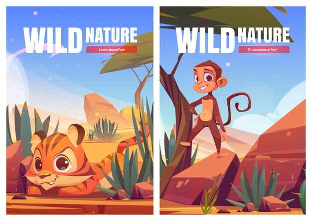 野生の自然の漫画のポスター。面白い猿と虎