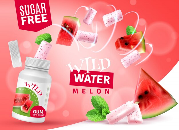 Wild watermelon sugar free bubblegum with mint flavor realistic advertising or label for packaging with juicy flesh vector illustration