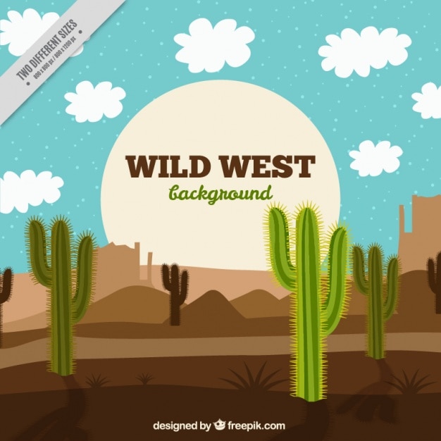 Vettore gratuito wild west di sfondo con cactus e nuvole bianche