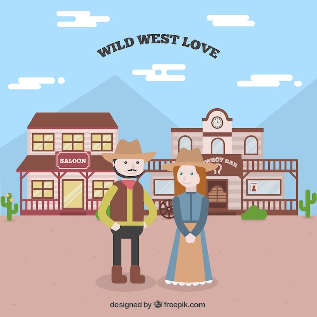 Vettore gratuito wild west di sfondo con coppie sorridenti