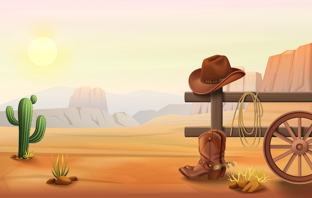 Composizione nel cartone animato nel selvaggio west con paesaggio all'aperto del deserto con stivali da cowboy e cappello sul recinto illustrazione vettoriale