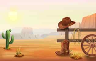 Free vector wild west cartoon composition with outdoor landscape of desert with cowboy boots and hat on fence vector illustration