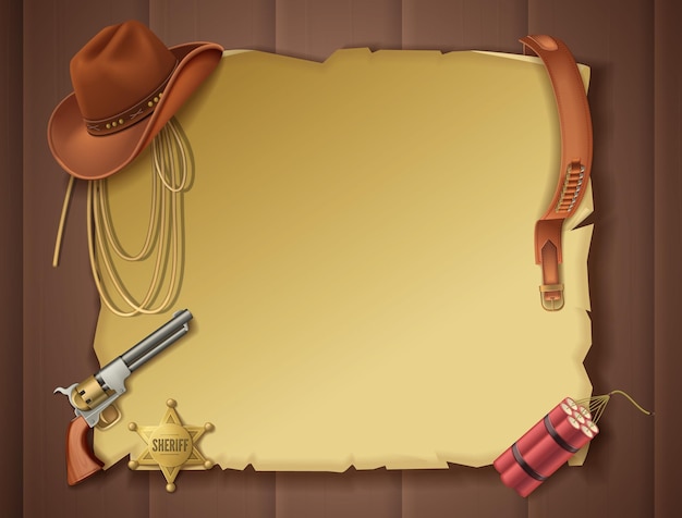 Vettore gratuito composizione nel cartone animato nel selvaggio west con vista dall'alto del foglio vuoto con indumenti da cowboy e illustrazione vettoriale degli accessori dello sceriffo