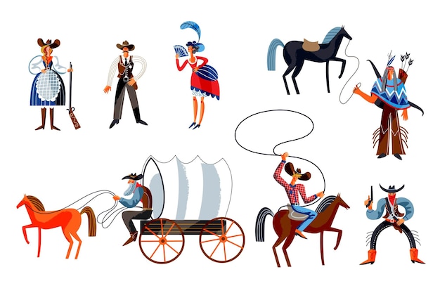 Free vector wild west characters set western american people cowboy with lasso man with wagon acrt sheriff indian man woman with rifle and girl on white background