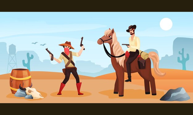 Wild west colored cartoon illustration with cowboy riding horse meeting with gangster holding two guns 