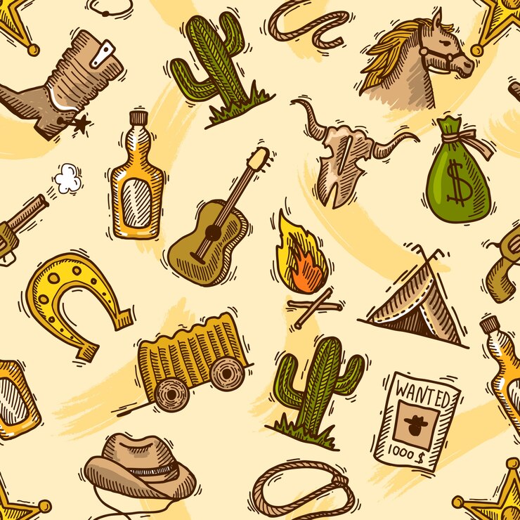 Free Vector wild west cowboy colored seamless pattern with guitar cactus bottle vector illustration