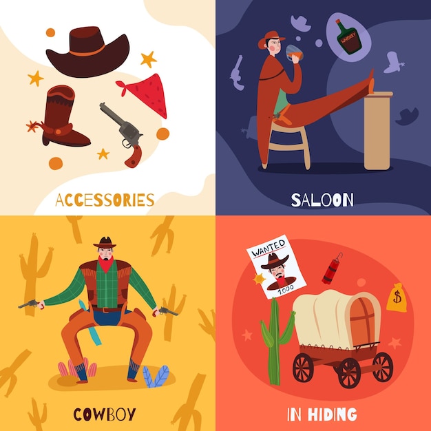 Vettore gratuito il concetto di design del cowboy del selvaggio west con composizioni di testo icone piane e immagini di illustrazione vettoriale roba vintage