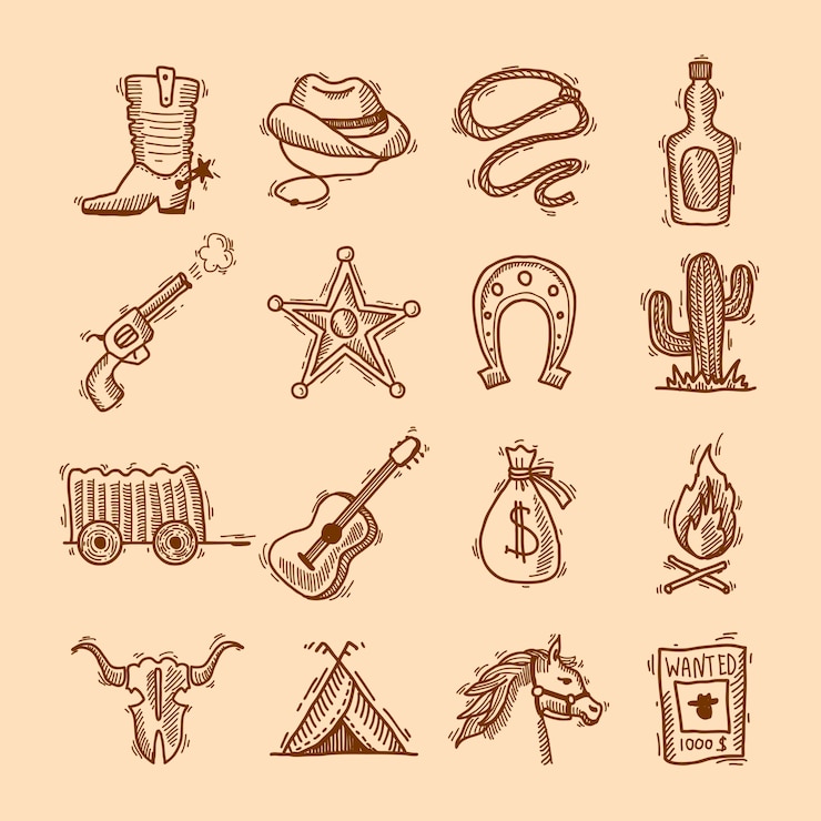 Free Vector wild west cowboy hand drawn set with saddle sheriff badge horseshoe isolated vector illustration