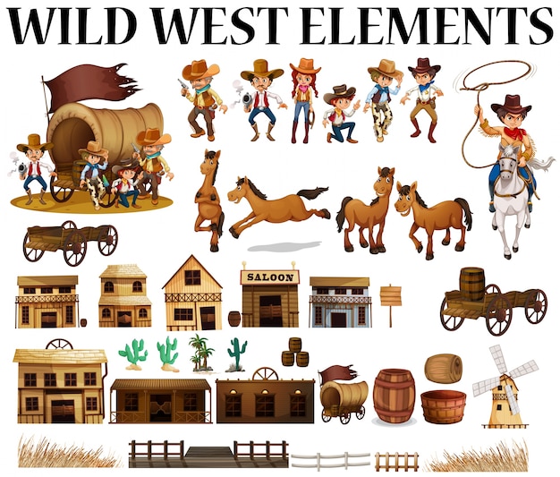 Vettore gratuito illustrazione di cowboy e costruzioni selvatici ovest