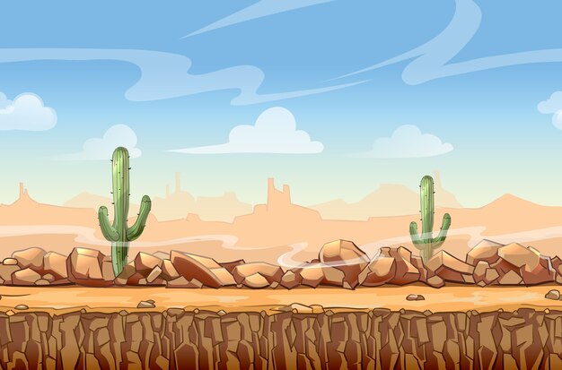 와일드 웨스트 사막 풍경 만화 게임에 대 한 완벽 한 장면. 선인장과 자연, 인터페이스 벡터 일러스트 레이 션