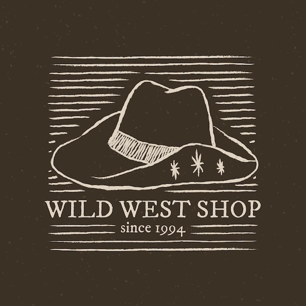 Logo del negozio del selvaggio west su sfondo grigio scuro con illustrazione del cappello da cowboy