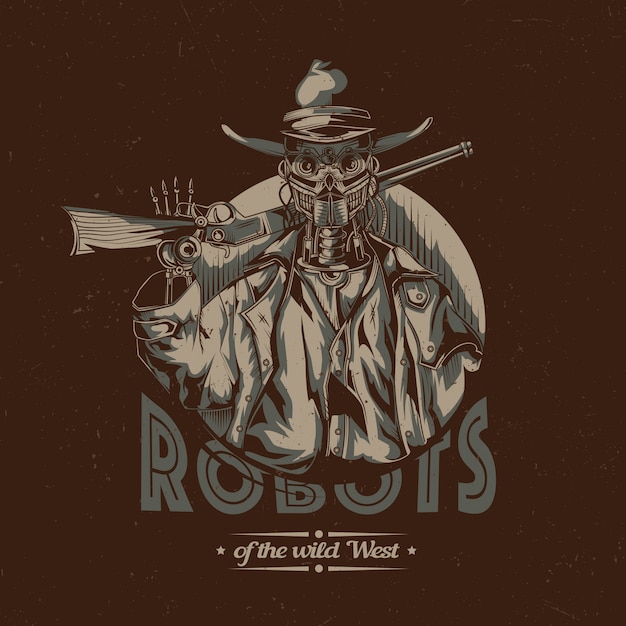 Design etichetta t-shirt wild west con illustrazione del cowboy robot