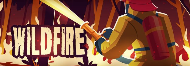 Wildfire landing page, burning forest and fireman