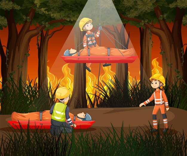 漫画のスタイルで消防士の救助と山火事のシーン