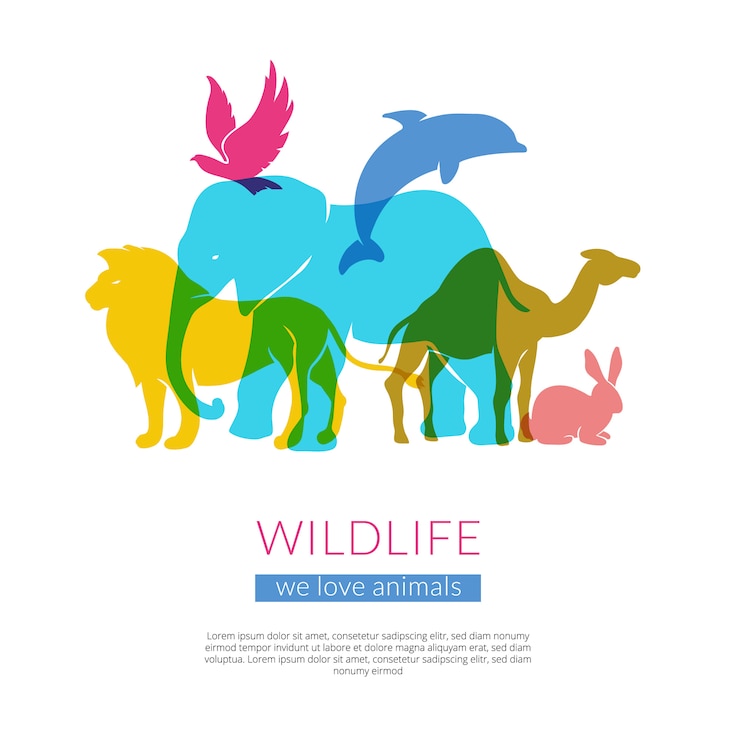 Free Vector wildlife animals and birds flat colorful silhouettes composition poster with elephant lion eagle and camel vector illustration 