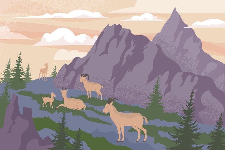 Free Vector wildlife mountain flat composition with outdoor highland scenery and group of goats in front of cliffs illustration