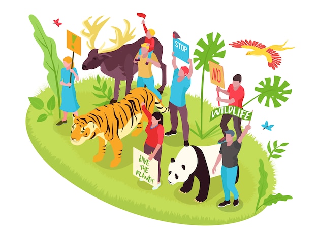 Free vector wildlife protection isometric concept with people nature and animals