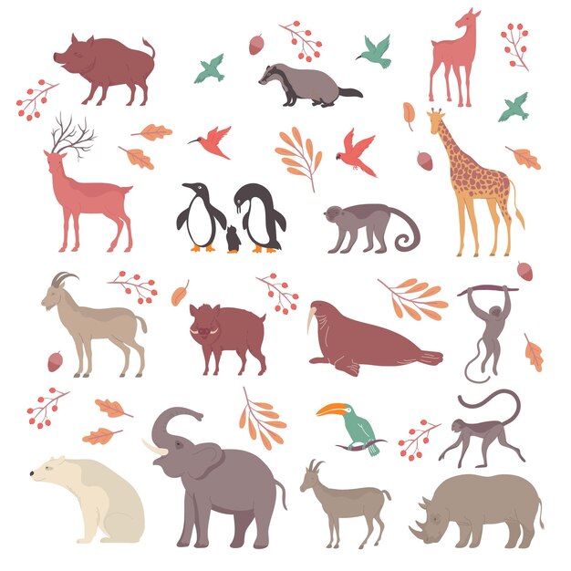 Wildlife set with isolated icons of leaves and acorns with exotic animals and birds flat characters vector illustration