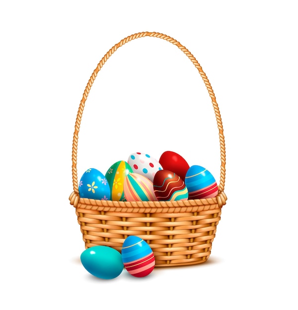 Free vector willow wicker basket with painted colorful easter eggs