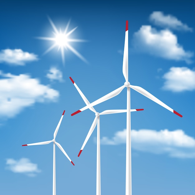 風力エネルギー-青空の日当たりの良いcloudscapeの背景を持つ風力タービン Premiumベクター