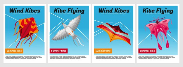 바람 연 포스터는 편집 가능한 텍스트의 4개의 격리된 수직 구성과 연 벡터 일러스트 레이 션의 이미지로 설정됩니다.