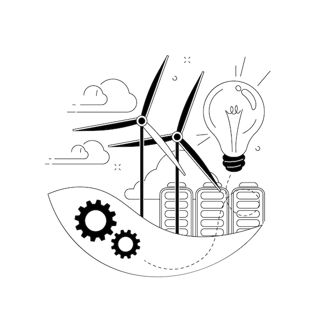 Vettore gratuito illustrazione vettoriale del concetto astratto di energia eolica energia rinnovabile verde alimentazione elettrica turbina eolica generatore di energia pannelli solari fonte rinnovabile ingegnere lavoratore metafora astratta