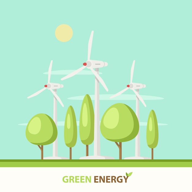 緑の木々、太陽、雲、青空の風力発電所です。