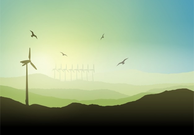 Vettore gratuito turbina eolica su un paesaggio di sfondo