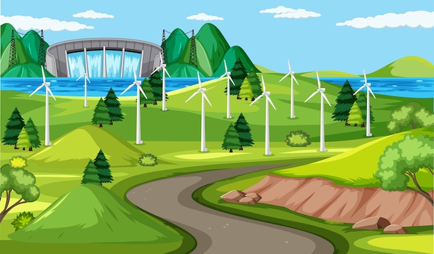 Free vector wind turbine and long road scene and dam background