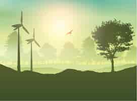 Free vector wind turbine and trees landscape