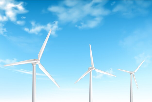 Wind turbines on cloudy blue sky background 