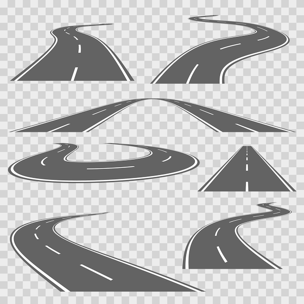 Winding curved road or highway with markings. Direction road, curve road, highway road, road transportation illustration. Vector set