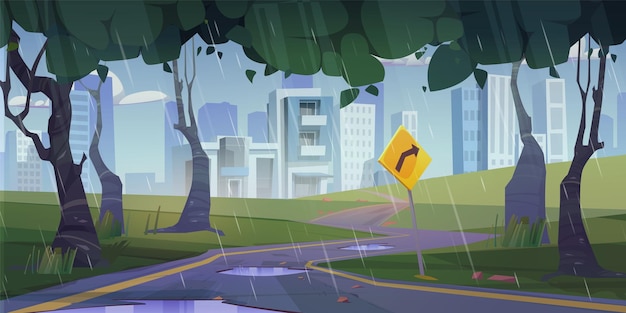 Winding road to city with sign woods and grass in rain Cartoon vector panoramic landscape with empty asphalt highway with puddles from countryside to skyscrapers in town under falling rainy water