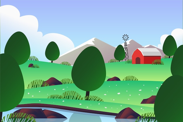 Free vector windmill and farm spring landscape