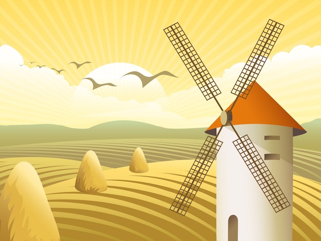 Free vector windmills with roof, amid fields and stack hay