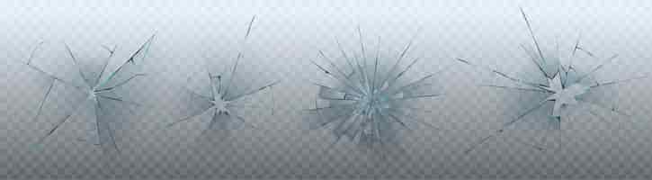 無料ベクター 窓ガラスの亀裂テクスチャ ベクトル効果透明な背景に分離されたオブジェクト現実的な壊れたフロント ガラスの穴フレーム抽象的な破壊ミラー フラグメント パターン強盗または強盗被害セット