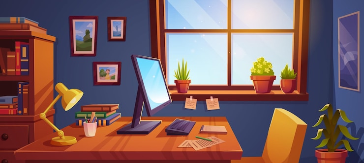 Free Vector window home office workspace desk vector modern table workplace furniture in flat interior design desktop computer chair flowers lamp and book shelf indoor wall cabinet studio illustration scene