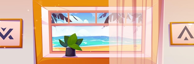 Free vector window of room from inside with view on sea beach